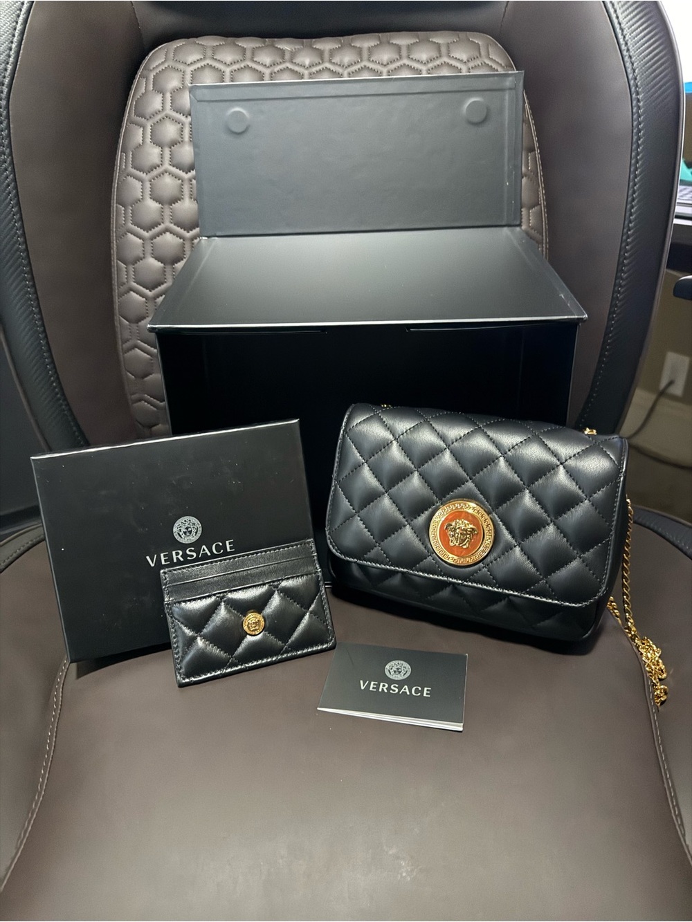 Versace Black Quilted Leather Crossbody with Gold Medallion and Chain